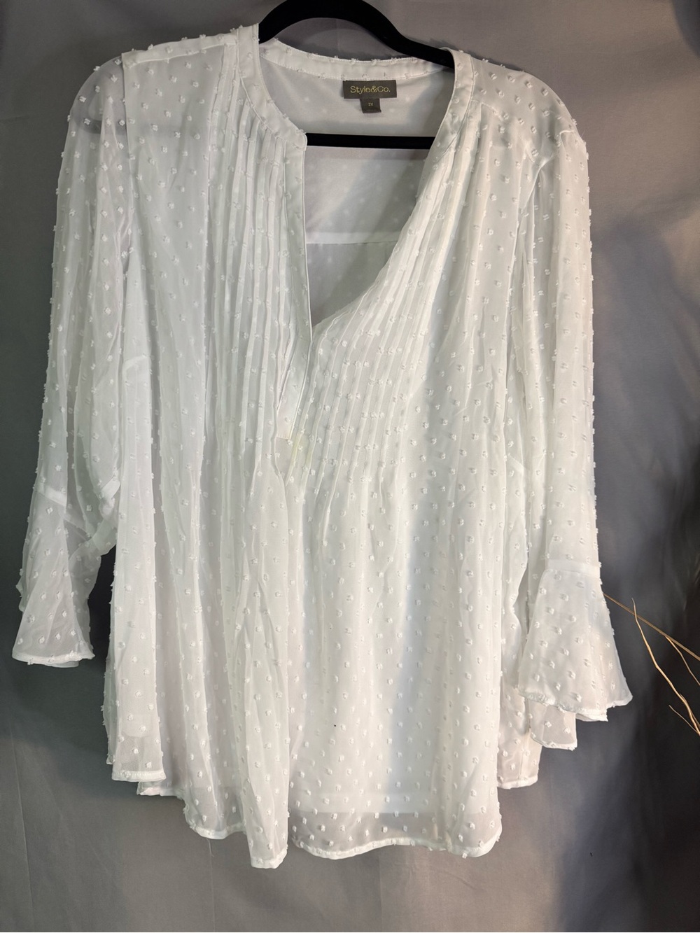Style & Co. White Swiss Dot Pintuck V-Neck Blouse with Ruffle Cuffs